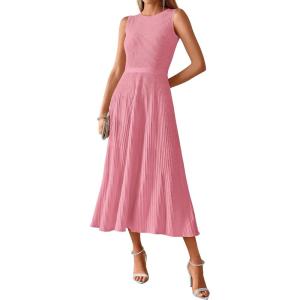 BTFBM Women Tank Midi Dress Summer Crewneck Sleeveless Pleated A Line Business Casual Formal Sweater Spring Dresses 2026(Pink)