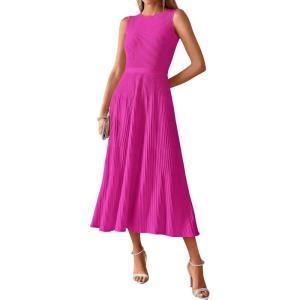 BTFBM Women Tank Midi Dress Summer Crewneck Sleeveless Pleated A Line Business Casual Formal Sweater Spring Dresses 2026(Rose Red)