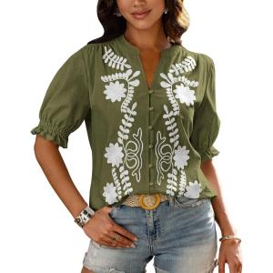 BTFBM Women’s 2026 Spring Tops Casual Floral Boho V Neck Puff Short Sleeve Button Down Shirts Embroidered Blouses Tunic(Floral Army Green White)
