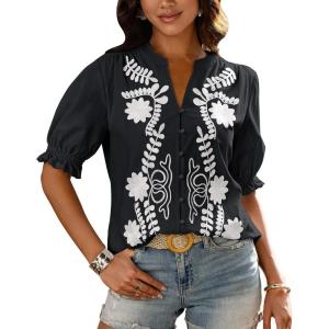 BTFBM Women’s 2026 Spring Tops Casual Floral Boho V Neck Puff Short Sleeve Button Down Shirts Embroidered Blouses Tunic(Floral Black White)