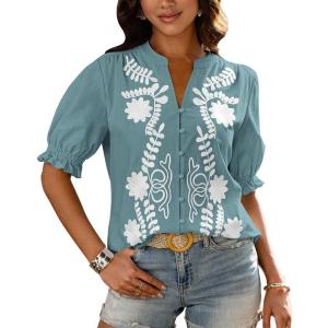 BTFBM Women’s 2026 Spring Tops Casual Floral Boho V Neck Puff Short Sleeve Button Down Shirts Embroidered Blouses Tunic(Floral Blue Green White)