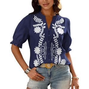 BTFBM Women’s 2026 Spring Tops Casual Floral Boho V Neck Puff Short Sleeve Button Down Shirts Embroidered Blouses Tunic(Floral Navy White)