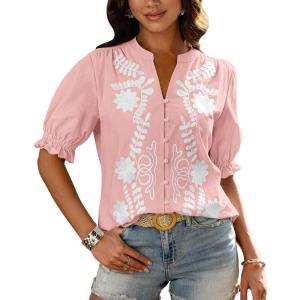 BTFBM Women’s 2026 Spring Tops Casual Floral Boho V Neck Puff Short Sleeve Button Down Shirts Embroidered Blouses Tunic(Floral Pink White)