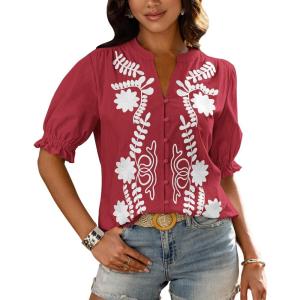 BTFBM Women’s 2026 Spring Tops Casual Floral Boho V Neck Puff Short Sleeve Button Down Shirts Embroidered Blouses Tunic(Floral Red White)