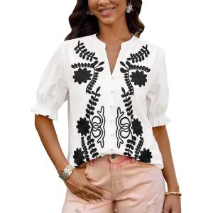 BTFBM Women’s 2026 Spring Tops Casual Floral Boho V Neck Puff Short Sleeve Button Down Shirts Embroidered Blouses Tunic(Floral White Black)
