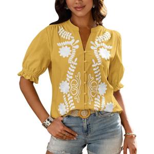 BTFBM Women’s 2026 Spring Tops Casual Floral Boho V Neck Puff Short Sleeve Button Down Shirts Embroidered Blouses Tunic(Floral Yellow White)
