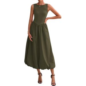 BTFBM Women’s 2026 Summer Casual Sleeveless Midi Dress Patchwork Knit Tank Bubble Long Flowy Beach Maxi Sundress Pockets(Army Green)