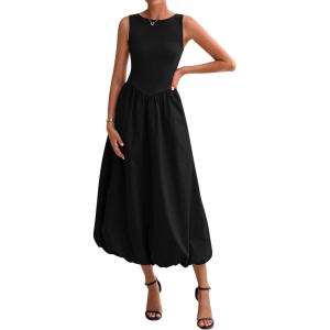 BTFBM Women’s 2026 Summer Casual Sleeveless Midi Dress Patchwork Knit Tank Bubble Long Flowy Beach Maxi Sundress Pockets(Black)
