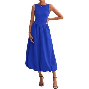 BTFBM Women’s 2026 Summer Casual Sleeveless Midi Dress Patchwork Knit Tank Bubble Long Flowy Beach Maxi Sundress Pockets(Blue)