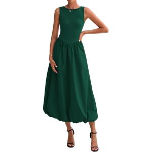 BTFBM Women’s 2026 Summer Casual Sleeveless Midi Dress Patchwork Knit Tank Bubble Long Flowy Beach Maxi Sundress Pockets(Dark Green)