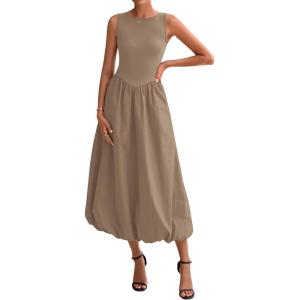 BTFBM Women’s 2026 Summer Casual Sleeveless Midi Dress Patchwork Knit Tank Bubble Long Flowy Beach Maxi Sundress Pockets(Khaki)