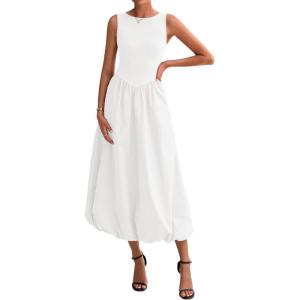 BTFBM Women’s 2026 Summer Casual Sleeveless Midi Dress Patchwork Knit Tank Bubble Long Flowy Beach Maxi Sundress Pockets(White)