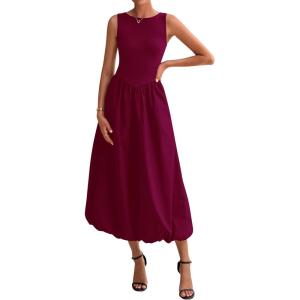 BTFBM Women’s 2026 Summer Casual Sleeveless Midi Dress Patchwork Knit Tank Bubble Long Flowy Beach Maxi Sundress Pockets(Wine Red)