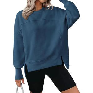 BTFBM Women’s Casual Crewneck Sweatshirts 2026 Spring Fall Clothes Long Sleeve Side Slit Workout Fleece Pullover Tops(Dark Blue)
