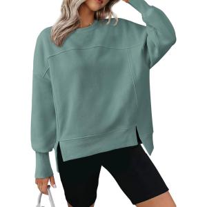 BTFBM Women’s Casual Crewneck Sweatshirts 2026 Spring Fall Clothes Long Sleeve Side Slit Workout Fleece Pullover Tops(Grey Green)