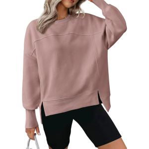 BTFBM Women’s Casual Crewneck Sweatshirts 2026 Spring Fall Clothes Long Sleeve Side Slit Workout Fleece Pullover Tops(Grey Pink)