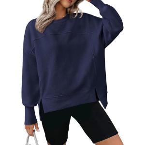 BTFBM Women’s Casual Crewneck Sweatshirts 2026 Spring Fall Clothes Long Sleeve Side Slit Workout Fleece Pullover Tops(Navy)