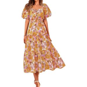 BTFBM Women’s Clothing Spring Summer Dresses 2026 Beach Vacation Short Sleeve Smocked Back Boho Casual Floral Maxi Dress(Floral Yellow)