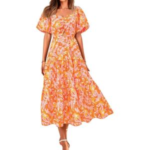 BTFBM Women’s Clothing Spring Summer Dresses 2026 Beach Vacation Short Sleeve Smocked Back Boho Casual Floral Maxi Dress(Print Orange)