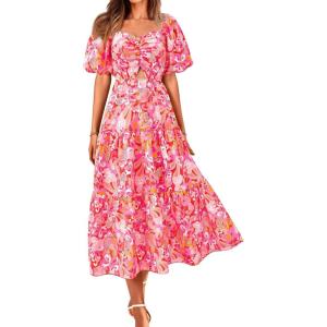 BTFBM Women’s Clothing Spring Summer Dresses 2026 Beach Vacation Short Sleeve Smocked Back Boho Casual Floral Maxi Dress(Print Pink)