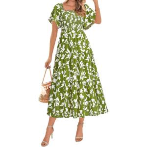 BTFBM Women’s Clothing Wedding Guest Dresses Casual Boho Floral Short Sleeve Smocked Maxi Beach Spring Summer Dress 2026(Floral Army Green White)
