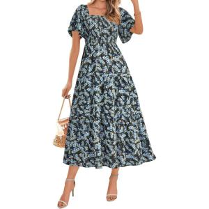 BTFBM Women’s Clothing Wedding Guest Dresses Casual Boho Floral Short Sleeve Smocked Maxi Beach Spring Summer Dress 2026(Floral Blue Yellow)