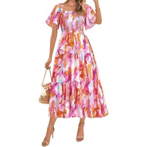 BTFBM Women’s Clothing Wedding Guest Dresses Casual Boho Floral Short Sleeve Smocked Maxi Beach Spring Summer Dress 2026(Floral Brown Purple)