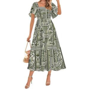 BTFBM Women’s Clothing Wedding Guest Dresses Casual Boho Floral Short Sleeve Smocked Maxi Beach Spring Summer Dress 2026(Floral Grass Green)