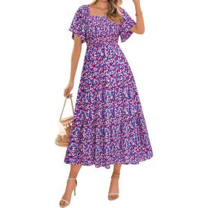 BTFBM Women’s Clothing Wedding Guest Dresses Casual Boho Floral Short Sleeve Smocked Maxi Beach Spring Summer Dress 2026(Floral Purple)