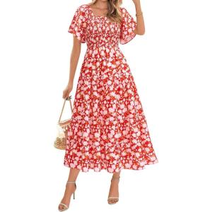 BTFBM Women’s Clothing Wedding Guest Dresses Casual Boho Floral Short Sleeve Smocked Maxi Beach Spring Summer Dress 2026(Floral Red White)
