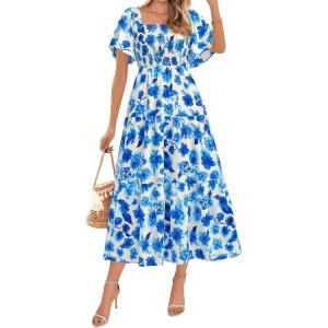 BTFBM Women’s Clothing Wedding Guest Dresses Casual Boho Floral Short Sleeve Smocked Maxi Beach Spring Summer Dress 2026(Floral White Blue)