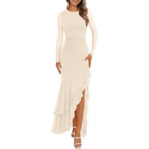 BTFBM Women’s Maxi Dresses Fall 2025 Long Sleeve Ruched Bodycon Solid Ruffle Mermaid Cocktail Wedding Guest Dress(Beige)