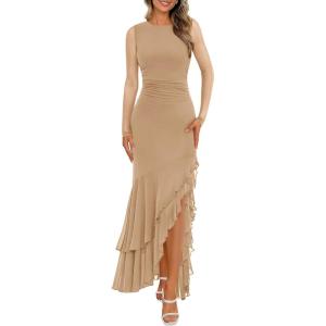BTFBM Women’s Maxi Dresses Fall 2025 Long Sleeve Ruched Bodycon Solid Ruffle Mermaid Cocktail Wedding Guest Dress(Khaki)