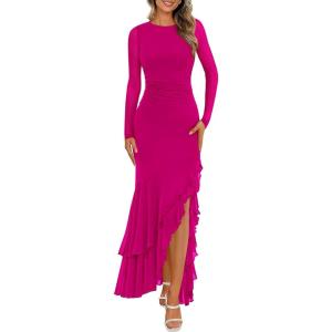 BTFBM Women’s Maxi Dresses Fall 2025 Long Sleeve Ruched Bodycon Solid Ruffle Mermaid Cocktail Wedding Guest Dress(Rose Red)