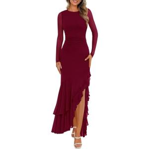 BTFBM Women’s Maxi Dresses Fall 2025 Long Sleeve Ruched Bodycon Solid Ruffle Mermaid Cocktail Wedding Guest Dress(Wine Red)