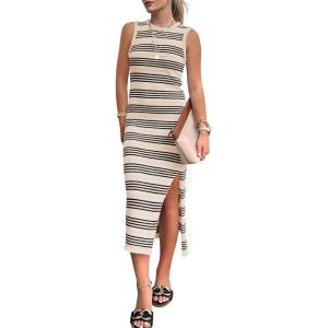 BTFBM Womens Sleeveless Summer Dresses 2025 Crew Neck Casual Sundress Hollow Out Side Slit Bodycon Knit Long Tank Dress(Apricot)