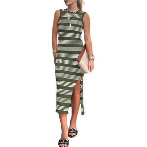 BTFBM Womens Sleeveless Summer Dresses 2025 Crew Neck Casual Sundress Hollow Out Side Slit Bodycon Knit Long Tank Dress(Army Green)