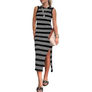 BTFBM Womens Sleeveless Summer Dresses 2025 Crew Neck Casual Sundress Hollow Out Side Slit Bodycon Knit Long Tank Dress(Black)