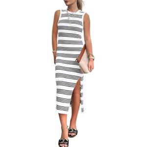 BTFBM Womens Sleeveless Summer Dresses 2025 Crew Neck Casual Sundress Hollow Out Side Slit Bodycon Knit Long Tank Dress(White)