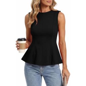 BTFBM Womens Summer Tops 2026 Business Casual Outfits Crew Neck Sleeveless Shirts Slim Fit Peplum Tank Top(Black)