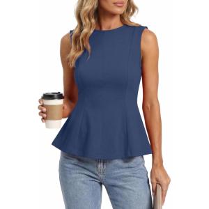 BTFBM Womens Summer Tops 2026 Business Casual Outfits Crew Neck Sleeveless Shirts Slim Fit Peplum Tank Top(Grey Blue)