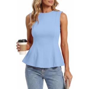 BTFBM Womens Summer Tops 2026 Business Casual Outfits Crew Neck Sleeveless Shirts Slim Fit Peplum Tank Top(Light Blue)