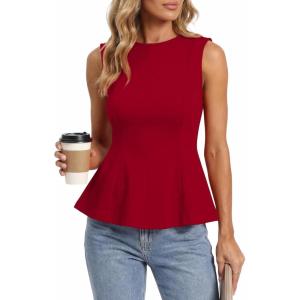 BTFBM Womens Summer Tops 2026 Business Casual Outfits Crew Neck Sleeveless Shirts Slim Fit Peplum Tank Top(Red)