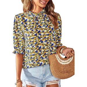 BTFBM Womens Tops 2026 Dressy Casual Blouses Summer Spring Clothes Mock Neck Short Sleeve Shirts Business Work Fall Outfits(Floral Black)