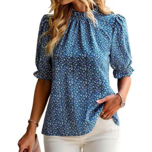 BTFBM Womens Tops 2026 Dressy Casual Blouses Summer Spring Clothes Mock Neck Short Sleeve Shirts Business Work Fall Outfits(Floral Blue)