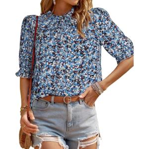 BTFBM Womens Tops 2026 Dressy Casual Blouses Summer Spring Clothes Mock Neck Short Sleeve Shirts Business Work Fall Outfits(Floral Blue White)
