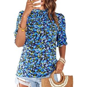 BTFBM Womens Tops 2026 Dressy Casual Blouses Summer Spring Clothes Mock Neck Short Sleeve Shirts Business Work Fall Outfits(Floral Bright Blue)