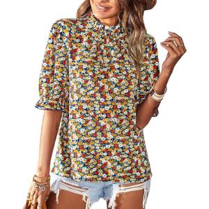 BTFBM Womens Tops 2026 Dressy Casual Blouses Summer Spring Clothes Mock Neck Short Sleeve Shirts Business Work Fall Outfits(Floral Navy)