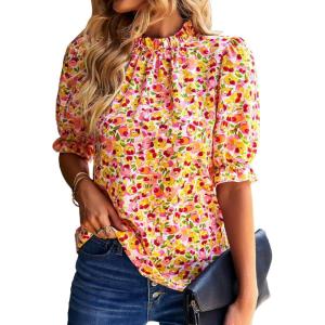 BTFBM Womens Tops 2026 Dressy Casual Blouses Summer Spring Clothes Mock Neck Short Sleeve Shirts Business Work Fall Outfits(Floral Pink)
