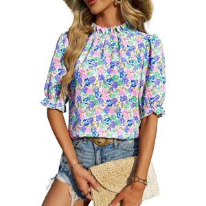 BTFBM Womens Tops 2026 Dressy Casual Blouses Summer Spring Clothes Mock Neck Short Sleeve Shirts Business Work Fall Outfits(Floral Pink Blue)